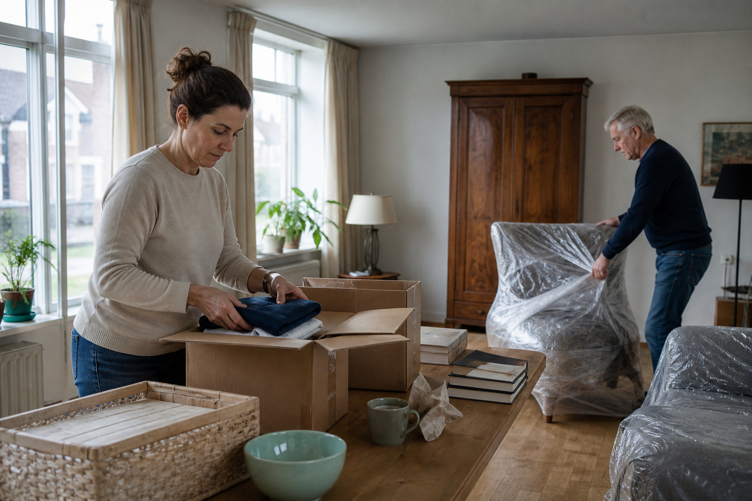 Huisraad wordt zorgvuldig ingepakt en beschermd bij een woningontruiming