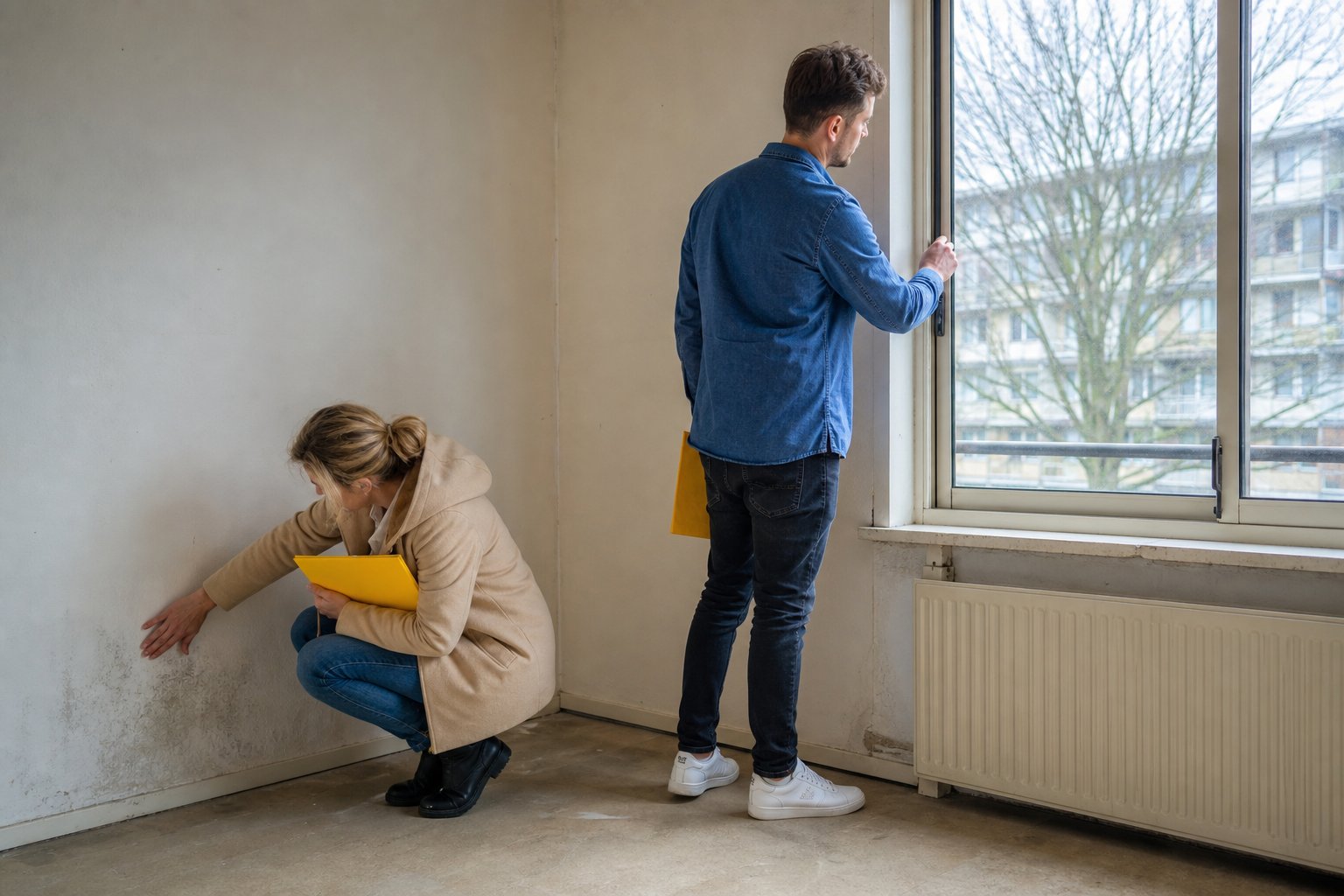 Twee woningzoekers controleren een raam en vochtplek tijdens een bezichtiging